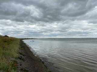 View of the broads National Park from the river bank in a cloudy day shoot taken against the sun with a dramatic sky and strong shadow.