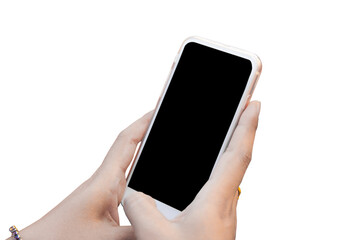 close-up touch screen smartphone in a hand,phone mobile cut screen ,isolated on black background
