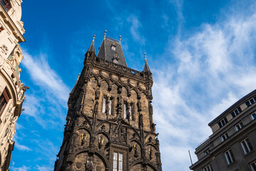 Fototapeta na wymiar Gothic Powder Tower Prasna Brana in Old Town Prague, Czech Republic, the Powder Gate on the Royal Coronation Route