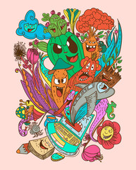 Mix of doodle monster and nature illustration vector