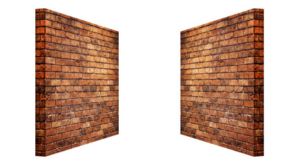 Side view of Red brick wall grunge texture background isolated on white background. (Clipping path)