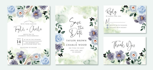 Fototapeta na wymiar wedding invitation set with blue green flower garden watercolor