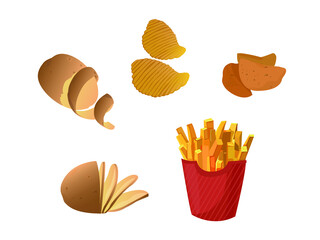 Cartoon Potato, wedges, sliced pieces and fry chips vector illustration. Vegetable icon set