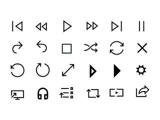 Video player icon set. Media player symbols collection, simple black and white web symbols. Vector flat style cartoon illustration