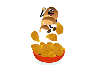 Cartoon Crispy potato chips character in bowl Vector illustration