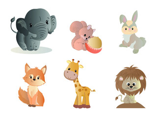Cute Cartoon Animals Vector illustration for Nursery poster, t-shirt, kids apparel. wildlife animals set including elephant, squirrel, bunny, rabbit, wolf, fox, lion, giraffe
