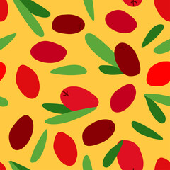 seamless pattern with barberry and leaves on a yellow background. red berries. modern abstract design for packaging, print for clothes, fabric