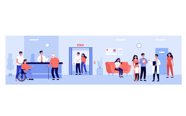 People in hospital hall. Patients waiting their turn at doctor office, standing at reception. Vector illustration for clinic interior, medical help, healthcare, examination concept