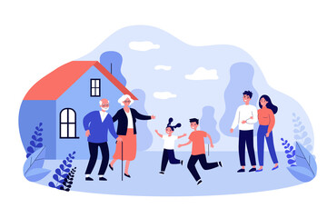 Parents and excited kids visiting grandparents. Old couple welcoming children and grandchildren at country house. Vector illustration for family, togetherness, generation concept