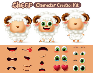 Sheep characters creation vector set. Sheeps lamb character editable animal create eyes and mouth kit in different facial expression for animal collection design Vector illustration
