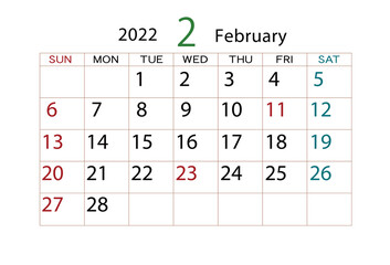 2022年　カレンダー　2月