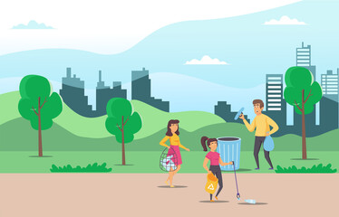 Obraz na płótnie Canvas Illustration People collect and sort garbage in city park vector flat illustration. Men and woman taking care of the planet by collecting waste in bags. Suitable for Diagrams, Infographic, Game Asset