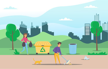 Illustration People collect and sort garbage in city park vector flat illustration. Men and woman taking care of the planet by collecting waste in bags.  Suitable for Diagrams, Infographic, Game Asset