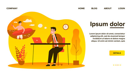 Office manager dreaming about surfing isolated flat vector illustration. Business person sitting at work and relaxing in mind. Holiday and vacation concept