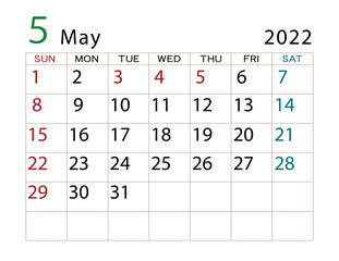 2022年カレンダー　5月
