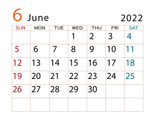 2022年カレンダー　6月