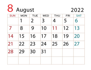 2022年カレンダー　8月