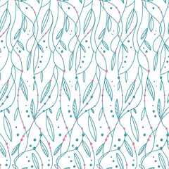Leaves ornamental seamless pattern. Hand drawn doodle branches on white background. Tender blue plant kitsch pattern for your design.