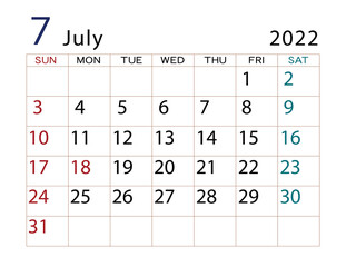 2022年カレンダー　7月