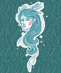 Vector of a beautiful girl with a ruddy face, feathers in her hair and herbal blue pattern on the background