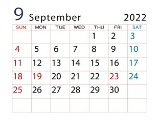 2022年カレンダー　9月
