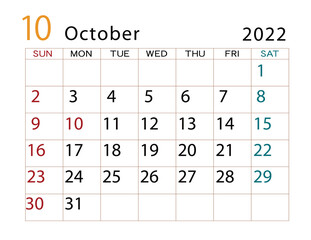 2022年カレンダー　10月