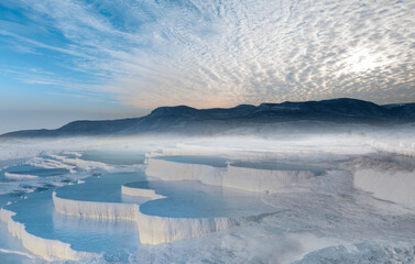 Natural travertine pools and terraces in Pamukkale. Cotton castle in southwestern Turkey,