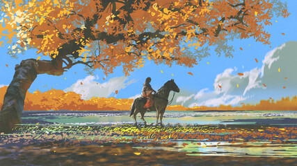 woman sitting on a horse under an autumn tree, digital art style, illustration painting © grandfailure