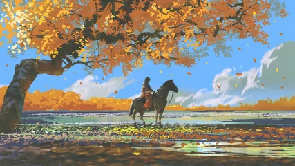 Papier Peint photo Lavable Grand échec femme assise sur un cheval sous un arbre d& 39 automne, style art numérique, peinture d& 39 illustration