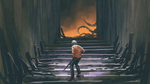man with a gun walks up the stairs and looking at monster, digital art style, illustration painting