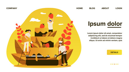 Pastry chefs cooking big birthday cake. Bakers decorating dessert with pink glaze and berries. Vector illustration for menu, bakery, confectionery concept