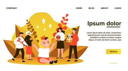 Happy toddler celebrating first birthday party. Cute baby boy in crown, parents with gifts flat vector illustration. Childhood, family party concept for banner, website design or landing web page