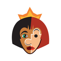 Obraz premium Isolated vector image. The girl in the crown. A face divided into two parts. The concept of beauty and ugliness, psychology, complexes, associations, narcissism, internal fears. Logo, icon, stylized i