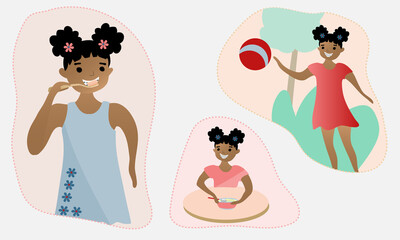 African American girl with braces showing everyday routine. Brushing teeth, having breakfast, and playing. Dental health concept illustration. Flat vector.