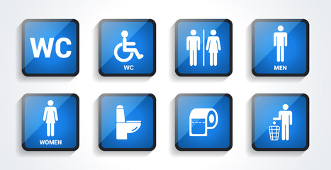 Toilet icons set in with shadow., Toilet signs, Restroom icons. Bathroom WC signs. Flat design. Vector illustration