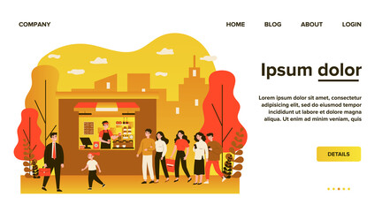 People buying takeaway coffee. Queue, street, morning flat vector illustration. Hot beverage and drink concept for banner, website design or landing web page