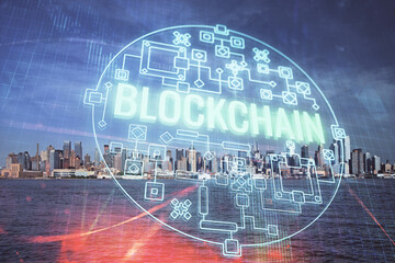 Double exposure of crypto currency theme hologram drawing and city veiw background. Concept of...