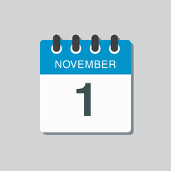 Calendar icon day 1 November, template icon day