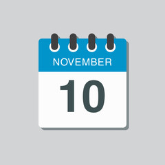 Calendar icon day 10 November, template icon day