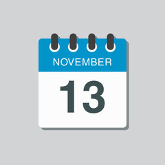 Calendar icon day 13 November, template icon day