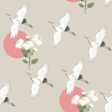 Seamless vector illustration with birds cranes and chrysanthemum © Nadezhda