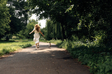 Fototapeta premium Woman in a long white dress back walks with a pet kitten breed Scottish Straight in the park in summer