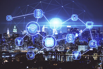 Multi exposure of social network theme drawing and cityscape background. Concept of people connecton.