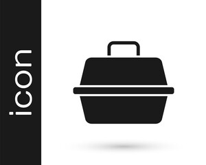 Grey Pet carry case icon isolated on white background. Carrier for animals, dog and cat. Container for animals. Animal transport box. Vector.