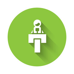 White Stage stand or debate podium rostrum icon isolated with long shadow. Conference speech tribune. Green circle button. Vector.