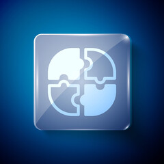 White Piece of puzzle icon isolated on blue background. Business, marketing, finance, template, layout, infographics, internet concept. Square glass panels. Vector.