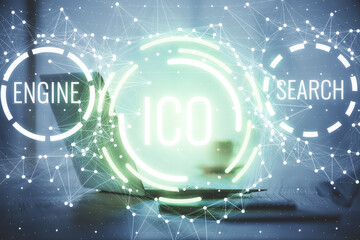 Double exposure of blockchain and crypto economy theme hologram and table with computer background. Concept of bitcoin cryptocurrency.