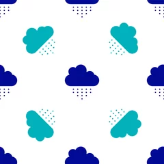 Foto op Canvas Blauwe wolk met regen pictogram geïsoleerd naadloos patroon op witte achtergrond. Regenwolk neerslag met regendruppels. Vector. © Kostiantyn