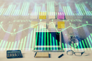 Multi exposure of table with computer on background and data theme drawing. Concept of innovation.