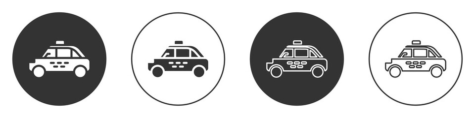 Black Taxi car icon isolated on white background. Circle button. Vector.